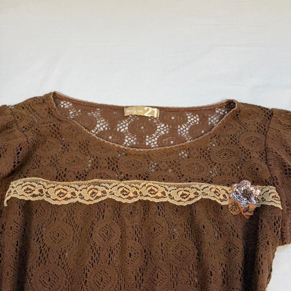 Vintage y2k Forever 22 brown knit short sleeve top. A little see thru - Picture 3 of 6